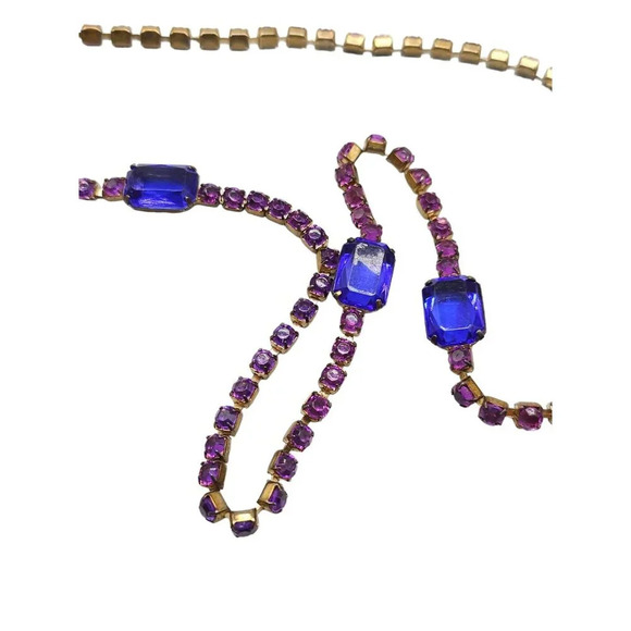 Blue Purple Faceted Crystal Rhinestone Station Necklace Gold Tone Vintage - Picture 3 of 5